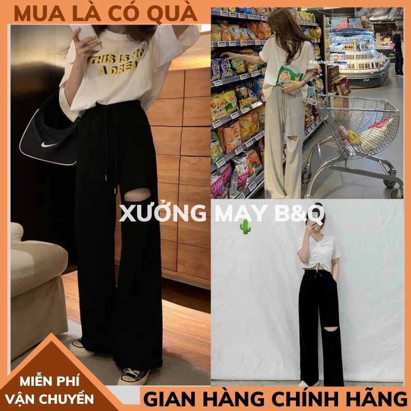 Quần Nỉ Ống Rộng Rách Gối dành cho nam nữ Quần Baggy Cạp Cao Thun Dài Rách Đùi Unisex Siêu Hot ,phong cách hàn quốc