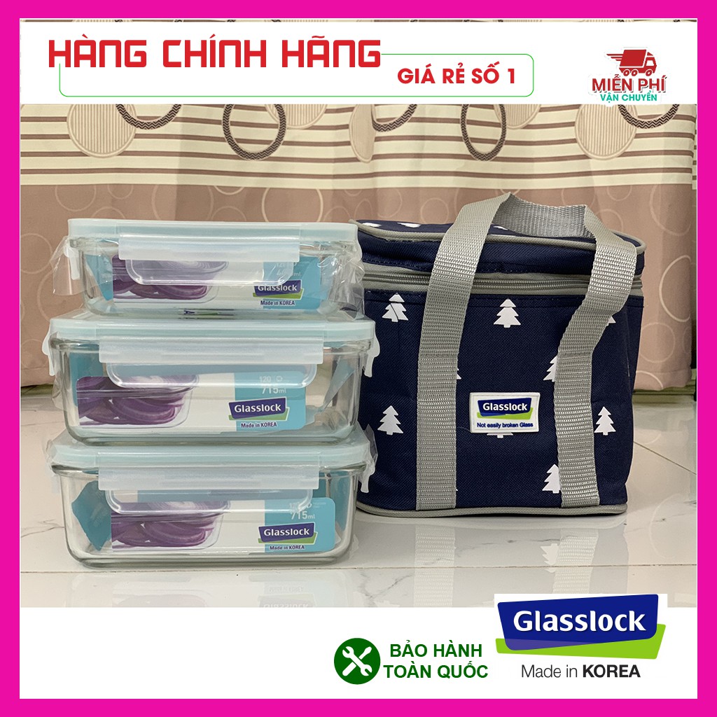 Hộp cơm giữ nhiệt Glasslock 400ml-710ml x 2, nhập khẩu Hàn Quốc, túi giữ nhiệt Hàn Quốc