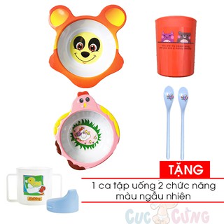 Bộ chén ăn hình gấu + Tô cho bé tập ăn hình gà + ly uống nước in hình + muỗng cán dài Tặng 1 ca tập uống 2 chức năng màu