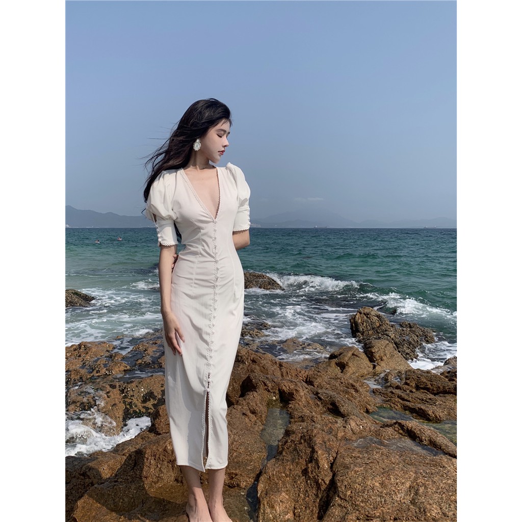 [ẢNH THẬT] Đầm trắng đơn giản Hồng Kông Style tiểu thư ngọt ngào sang chảnh đài các thời thượng du lịch đi biển