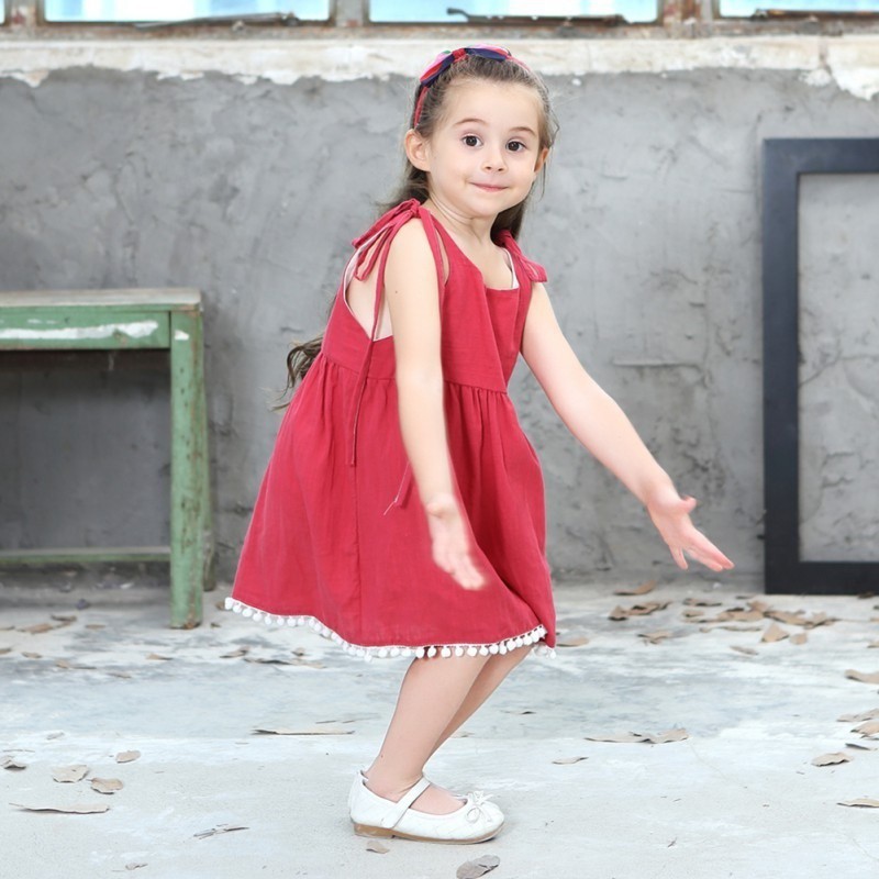 KIDSCLOTHING Đầm công chúa cotton đỏ có ren bông vải dưới chân váy cho bé gái -Hàng nhập khẩu
