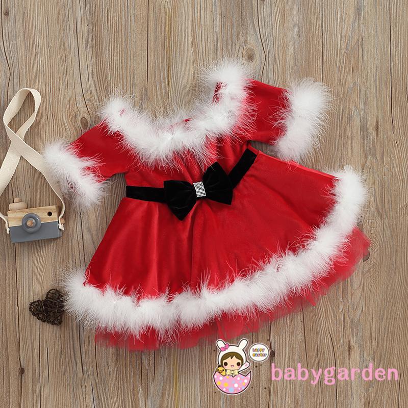 Đầm Tay Dài Phồng Hở Vai Màu Đỏ Giáng Sinh Dành Cho Bé Gái 1 Đến 7 Tuổi