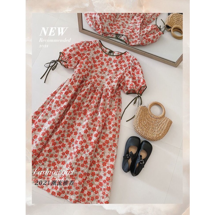 Đầm hoa cổ tròn tay phồng thắt dây phong cách cổ điển thời trang dành cho nữ