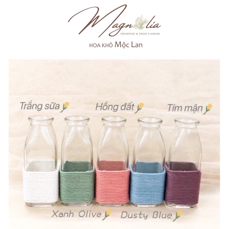 Lọ thủy tinh cắm hoa khô gam màu pastel quấn thừng trang trí vintage