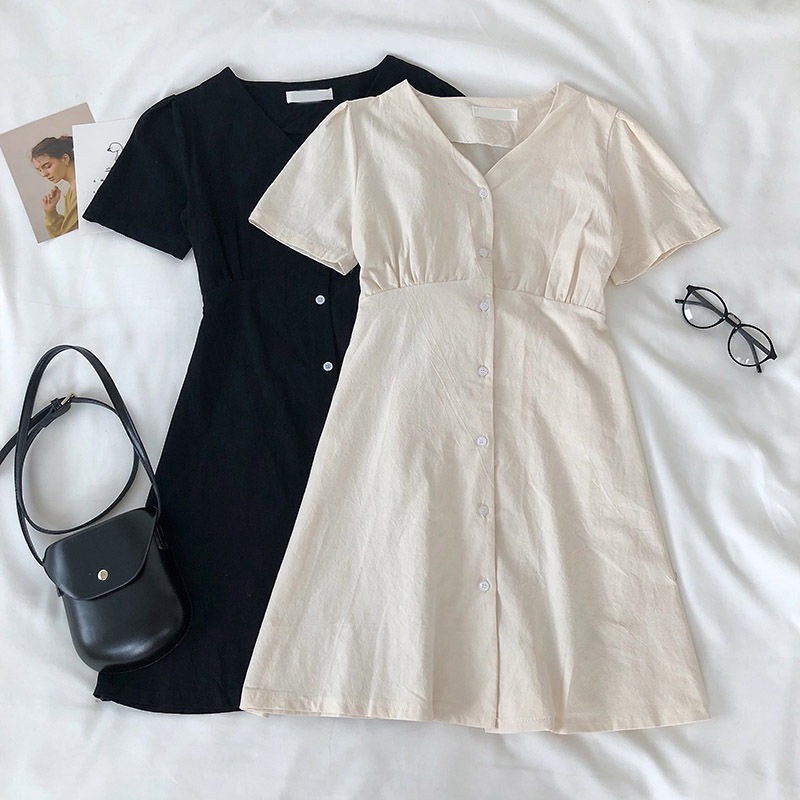 Đầm Tay Ngắn Cổ Chữ V Phong Cách Retro Hong Kong Thời Trang Mùa Hè Cho Nữ