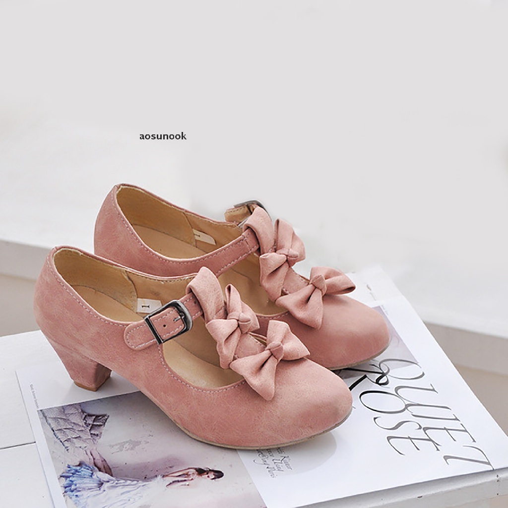 【ook】 Womens Low Heels Cute Bowknot Lolita Mary Jane Shoes Round Toe Dress Pumps .