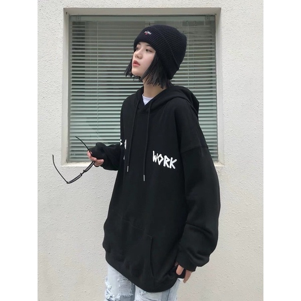 Áo Khoác Hoodie Nỉ Bông BLACK WORK màu TRẮNG/ĐEN  Nam nữ unisex/Áo hoodie có mũ form rộng Jaystoree