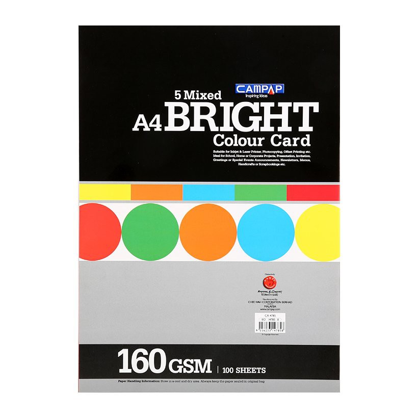 Tập giấy màu tươi sáng BRIGHT COLOUR PAPER CA4785 gồm100 tờ, khổ A4, 160gsm (5 màu)