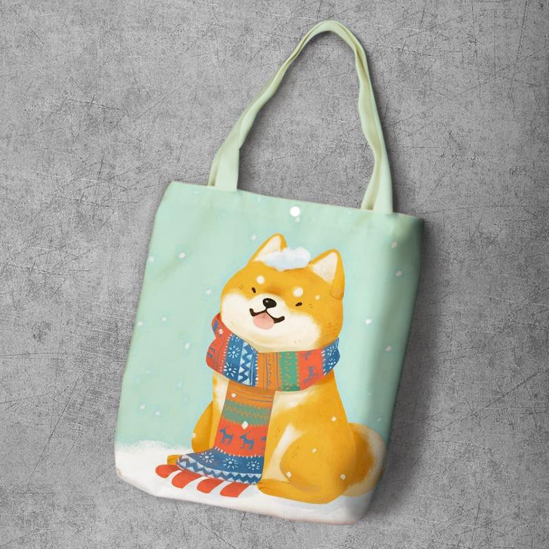 Túi Canvas Đeo Vai Họa Tiết Chó Shiba Akita Dễ Thương Xinh Xắn