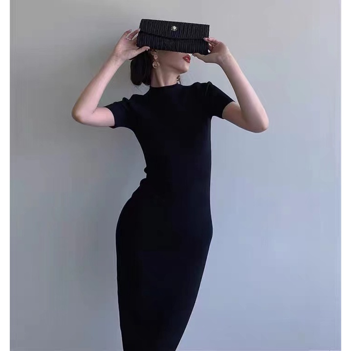 Đầm lửng SUXI dệt kim tay ngắn màu trơn ôm dáng thời trang mùa hè cho nữ