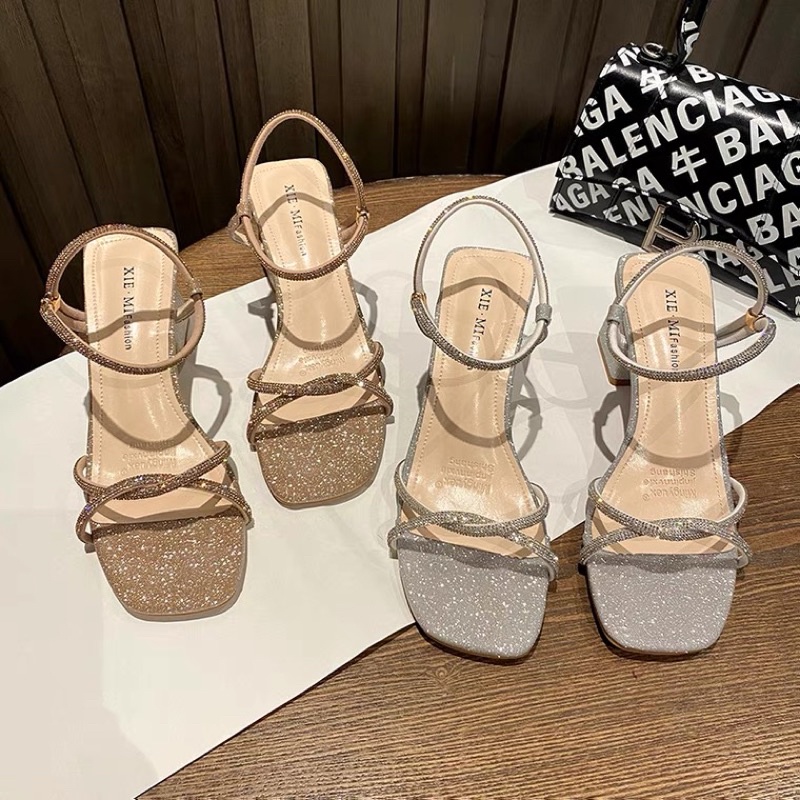 Giày sandal đế vuông ánh kim dây xoắn mẫu hot 2021