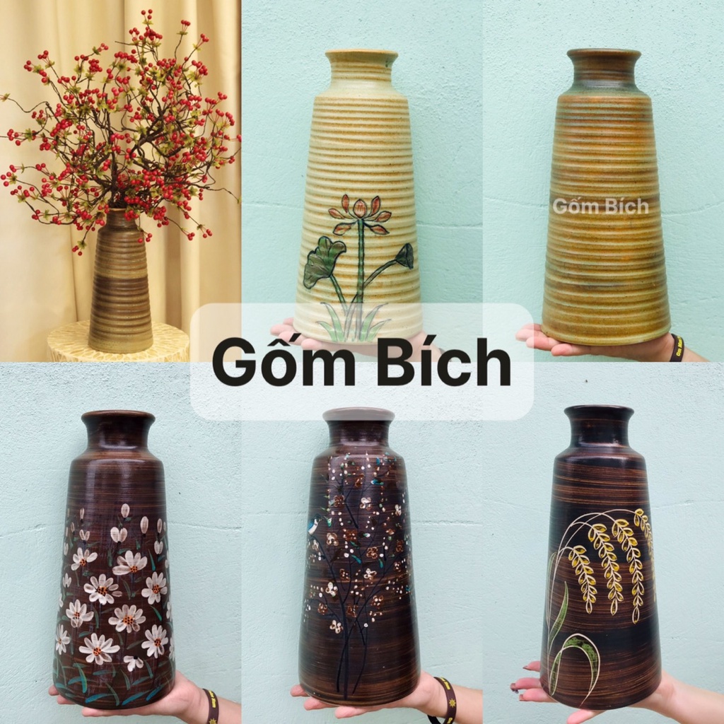 Bình Hoa Lọ Hoa Men Mộc Dáng Chai Vẽ Hoa Cỏ Gốm Sứ Bát Tràng - Gốm Bích