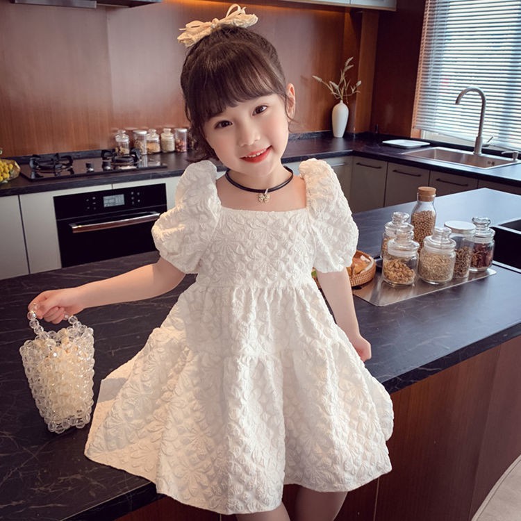 Cô Gái Ăn Mặc Mùa Hè2021Mới Trẻ Em Hàn Quốc Phong Cách Công Chúa Màu Đỏ Tay Áo Phồng Bé Gái Vá0