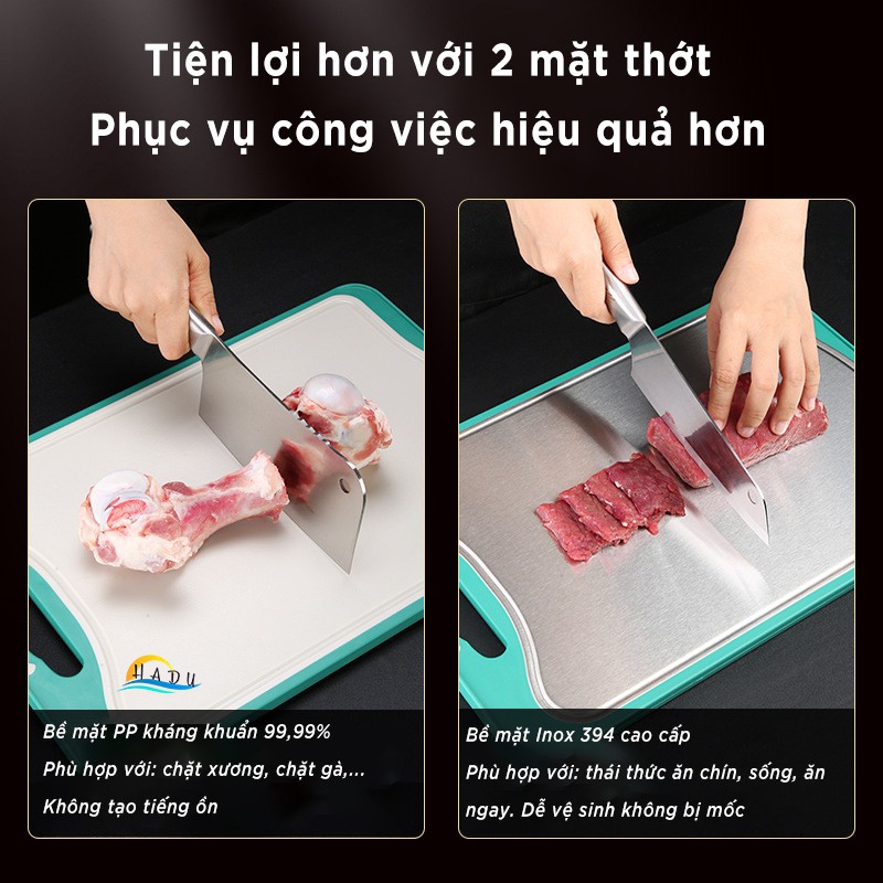 Thớt inox 304 cao cấp kháng khuẩn 99,99% chống mốc sử dụng cả 2 mặt thớt có rãnh chống tràn HADU