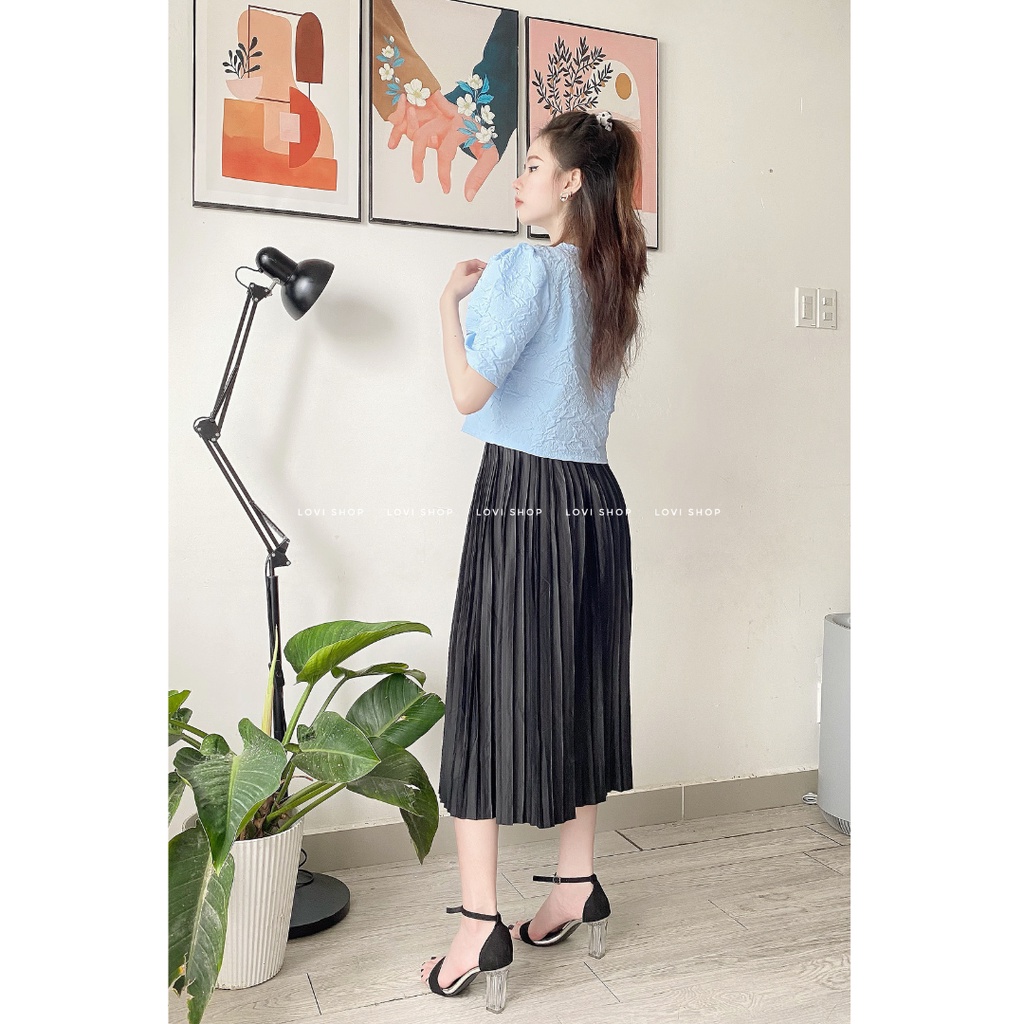 LOVI SHOP Áo croptop sơ mi xốp tay phồng ngắn phối nơ dịu dàng nữ tính mùa hè 2022