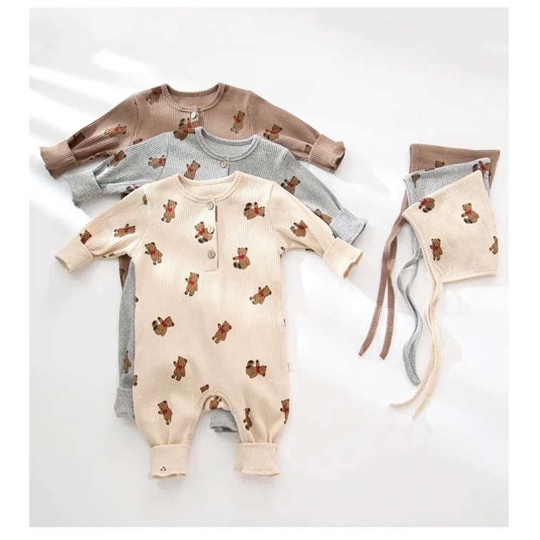 Bodysuit Dài Tay Kèm Mũ Cotton Sơ Sinh Quảng Châu Cao Cấp Cho Bé 0-12 Tháng Tuổi. Style Gấu Hàn Quốc Cực Đẹp Mẫu Mới