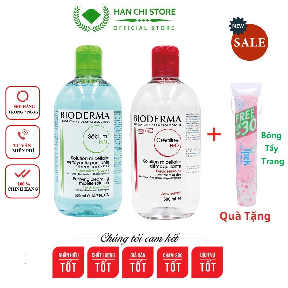 Nước Tẩy Trang Bioderma Pháp 500ml Dành Cho Da Dầu Mụn Da Khô Nhạy Cảm, Nước Tẩy Trang Bioderma Dưỡng Ẩm Chính Hãng