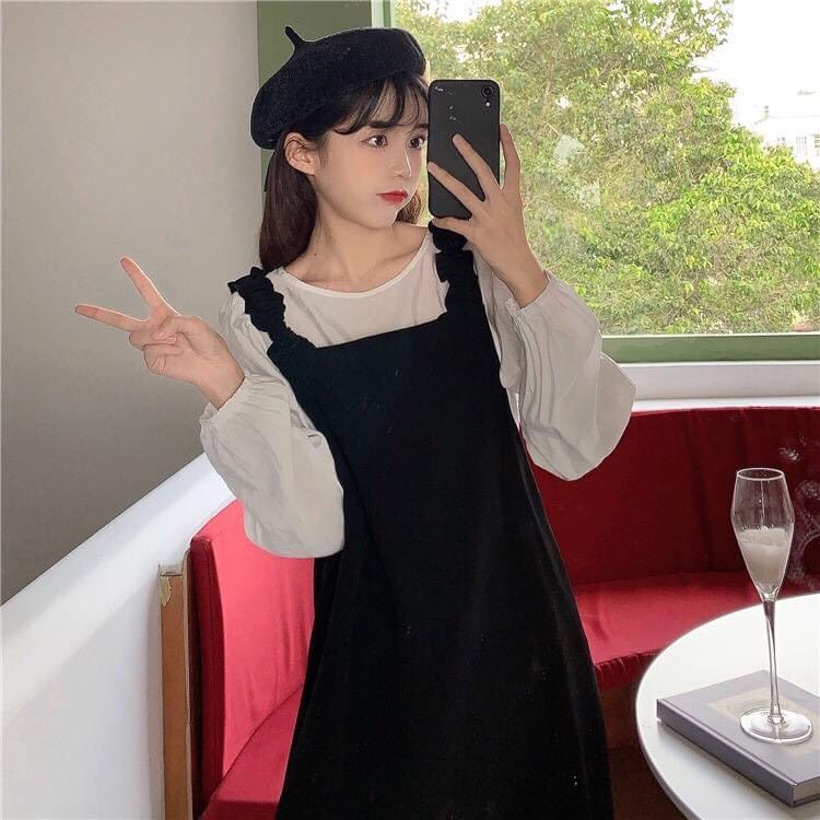 Váy Nữ, Váy Yếm Nỉ Nhung Mix Áo Sơ Mi Dáng Tiểu Thư Hàng Loại 1 | BigBuy360 - bigbuy360.vn