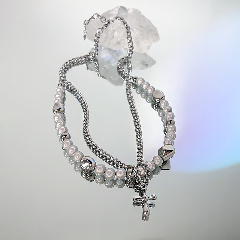 Vòng cổ Thép Titan Mặt Hình Thánh Giá Đính Ngọc Trai Phản Quang Phong Cách hip hop