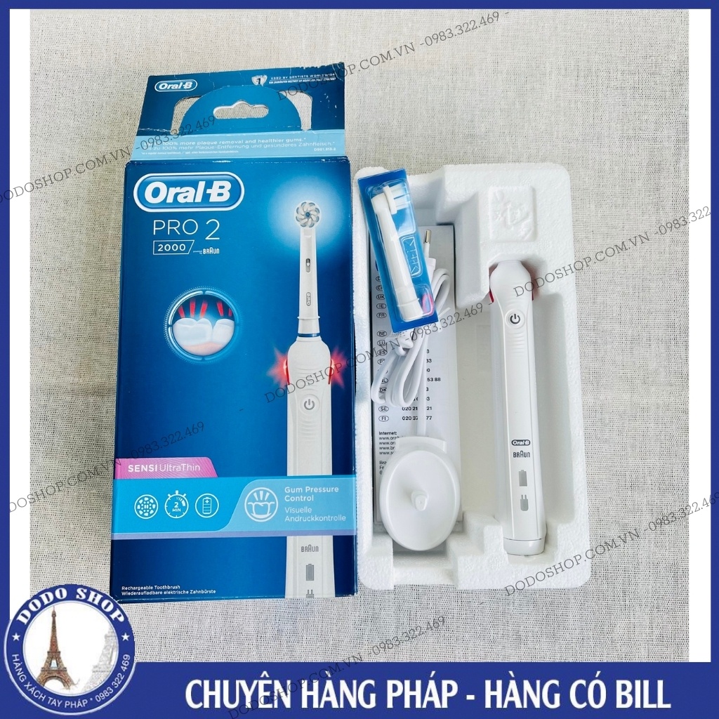 Bàn chải đánh răng điện tự động Oral B Pro 2000 trắng làm sạch răng, hạn chế viêm nướu