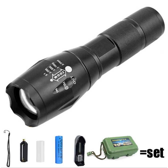 Đèn Pin Siêu Sáng UltraFire Led Cree XML T6 Cao Cấp Hợp Kim Chống Nước Pin Có Thể Sạc Lại Full box