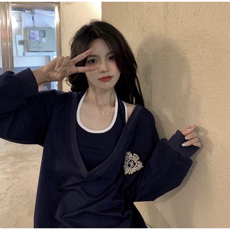 (Ảnhthậtcuối) Set Áo Sweater huy hiệu cổ tim L.Y Store [FREESHIP] Set áo 2 món màu xanh than HOT uzzlang