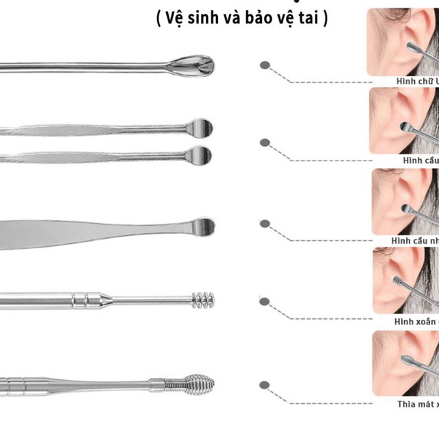 Bộ lấy ráy tai inox 6 món - bộ dụng cụ ngoáy tai có đèn thép không rỉ an toàn cho bé và gia đình