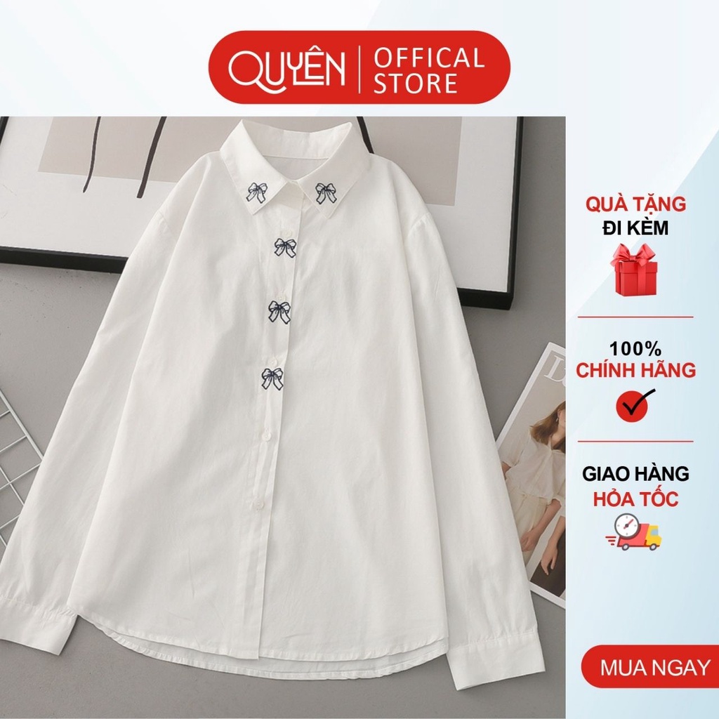 Áo sơ mi thêu họa tiết nơ công sở nữ AA546 Quyên Fasihon màu trắng bacsic trẻ trung, kiểu dáng hàn quốc