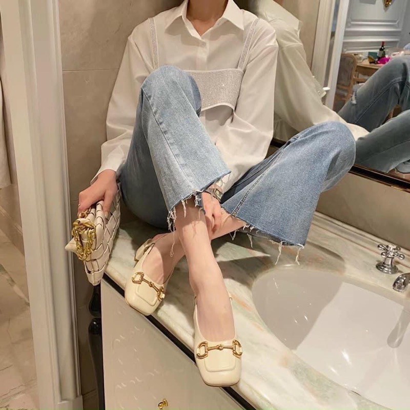 Sandal nữ bít mũi quai xích 7cm phân đế vuông