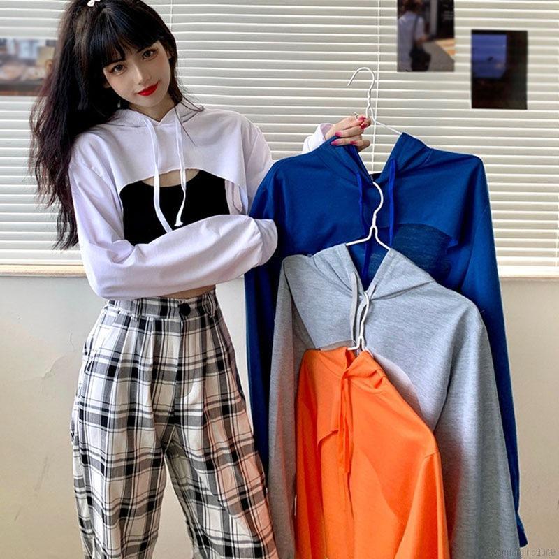 Áo Hoodie Lửng Tay Dài Màu Trơn Thiết Kế Độc Đáo Cá Tính Cho Nữ