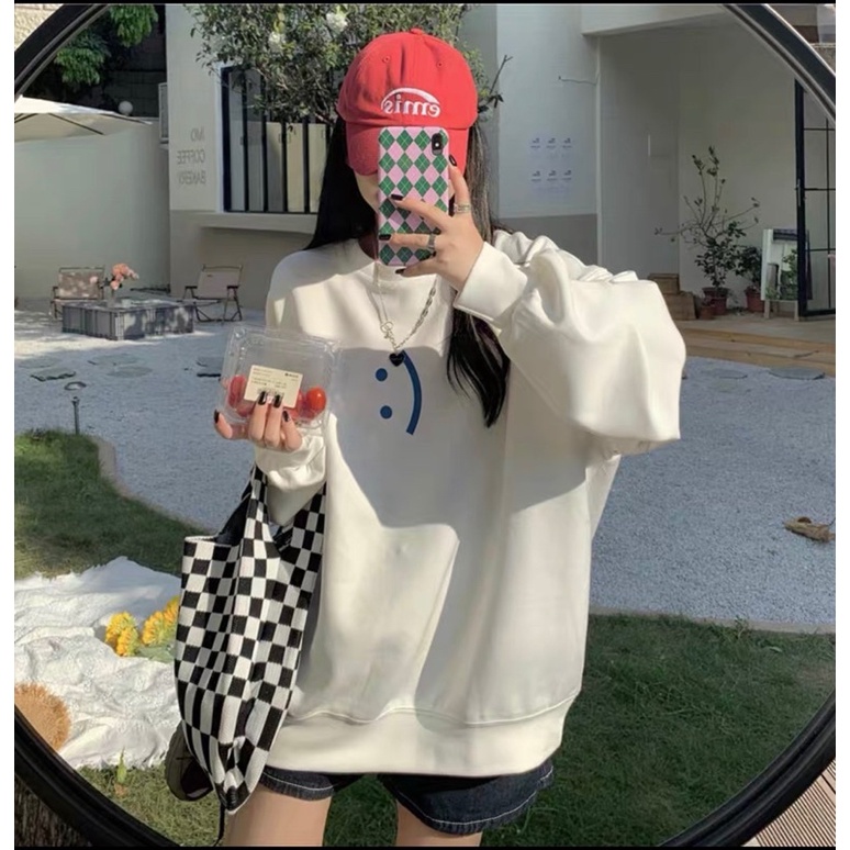 Áo Sweater Mặt Cười- Áo Nỉ Cổ Tròn Mặt Cười Dáng Rộng Unisex Nam Nữ