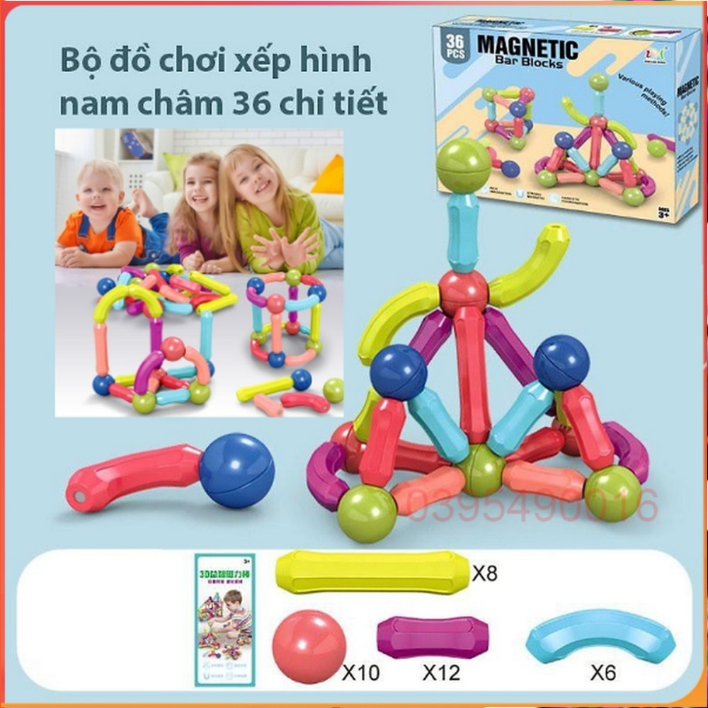 Bộ nam châm ghép hình 36 chi tiết, GIÚP BÉ trau dồi tư duy logic, thay đổi hình dạng, xoay 360 độ theo ý MUỐN..
