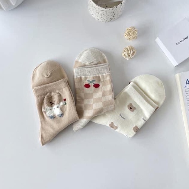 Vớ Cao Họa Tiết Gấu Cherry Màu Sắc Vintage Cotton Kháng Khuẩn Freesize Nam Nữ MRSOCKS VC081