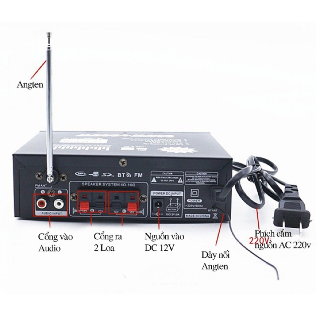 Ampli Mini Blutooth nguồn 12v/220v Tạo Âm Bass Chắc Chắn Treble Bluetooth Kết Nối 4.0 2 cổng MIC Cho Dàn Karaoke -dc2876