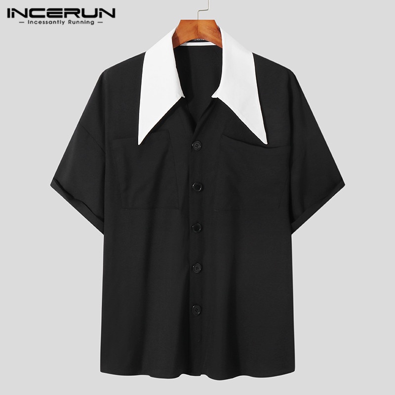 Áo sơ mi ngắn tay INCERUN phối màu tương phản thời trang công sở cho nam