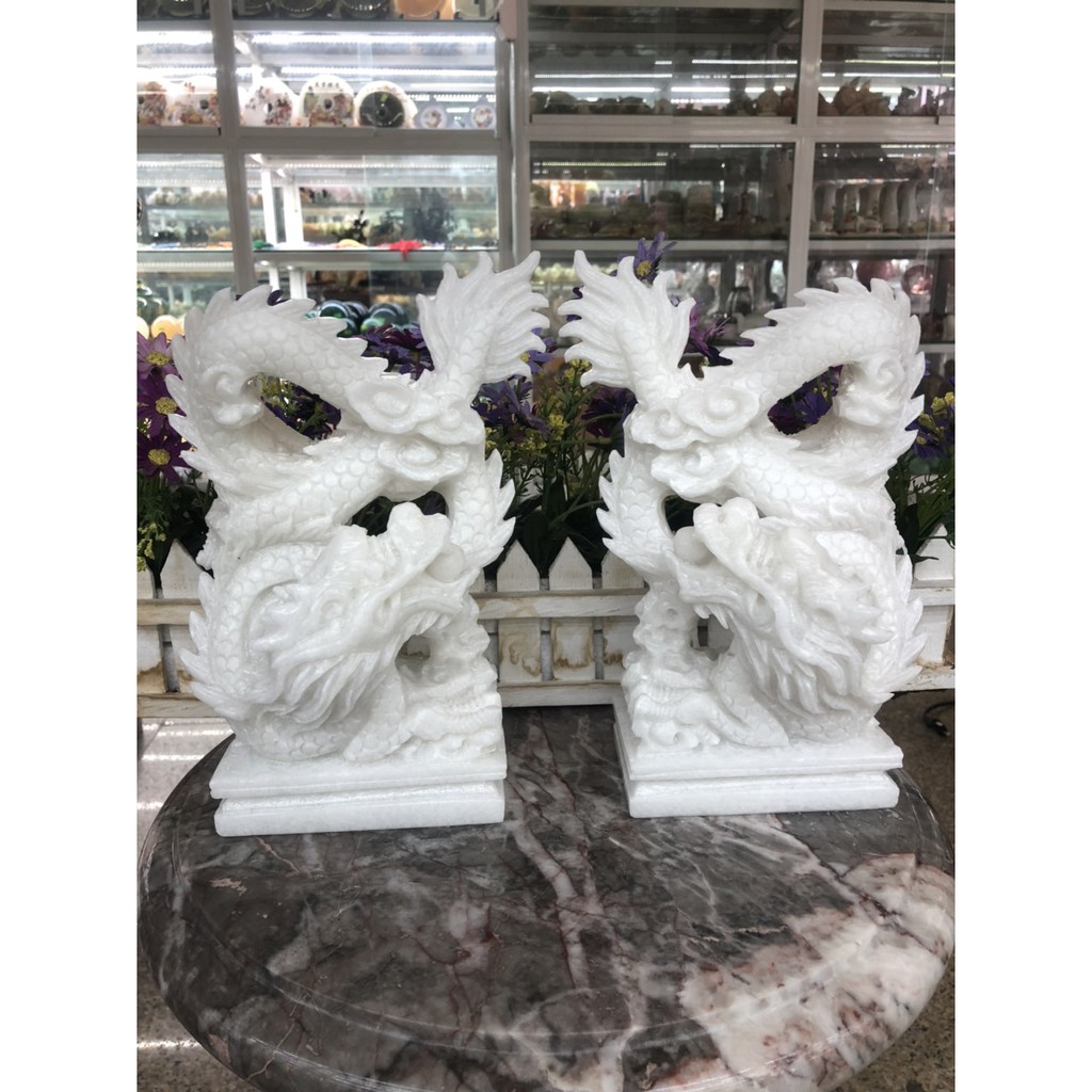 Cặp Rồng đứng phong thủy đá cẩm trắng - Cao 23 cm