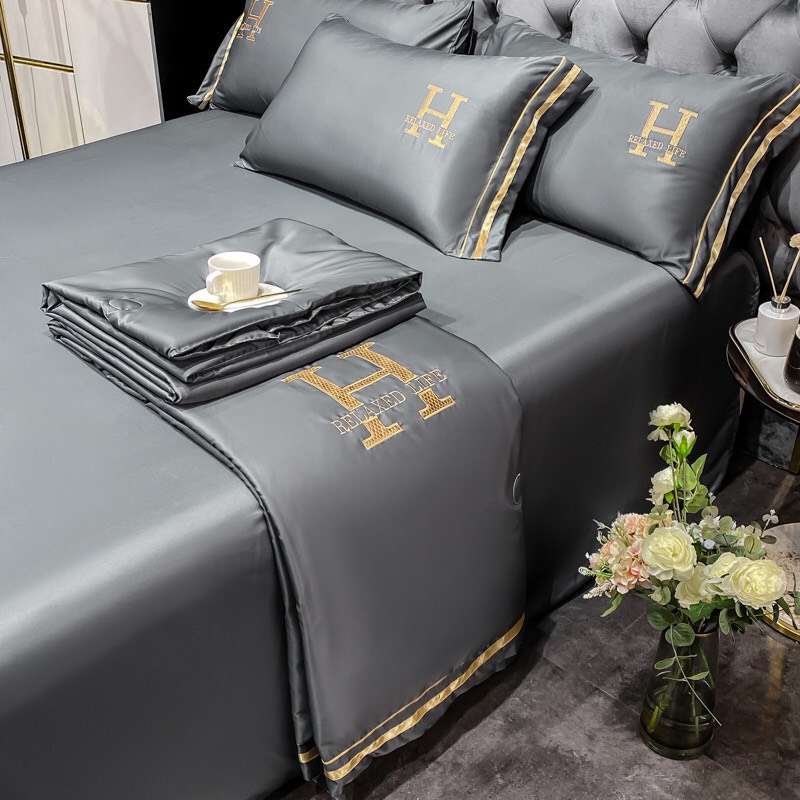 Bộ chăn ga gối phi lụa chăn chần chữ H cao cấp