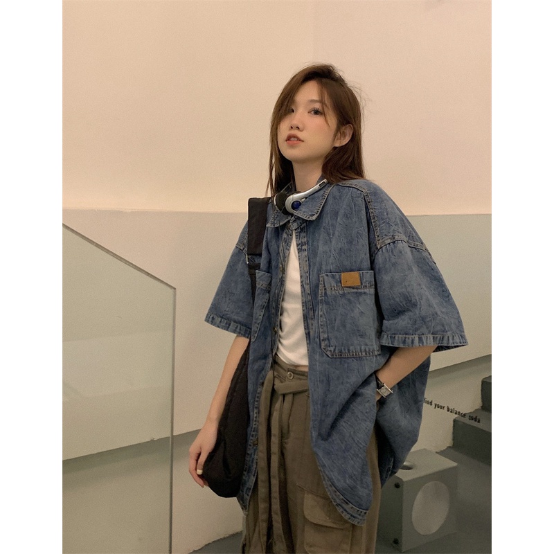Áo Sơ Mi denim Tay Ngắn Dáng Rộng Thời Trang Mùa Hè Phong Cách Hàn Quốc Cho Nữ