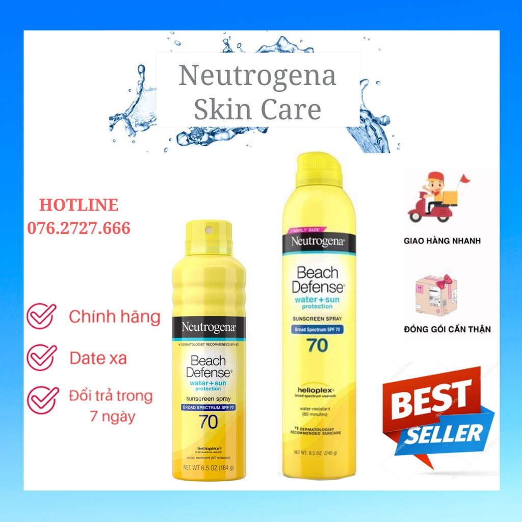 [Đủ Size] Xịt Chống Nắng Neutrogena Beach Defense Sunscreen Spray Broad Spectrum SPF 70