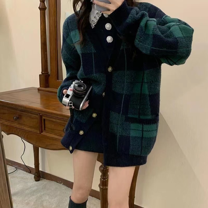 Áo khoác cardigan SUXI dệt kim dáng rộng họa tiết caro thời trang mùa thu cho nữ