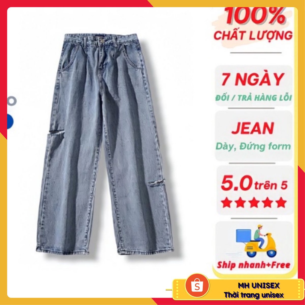 Quần jean rách gối nam nữ, quần rách gối unisex hack chân ống rộng dáng suông form baggy MH Unisex