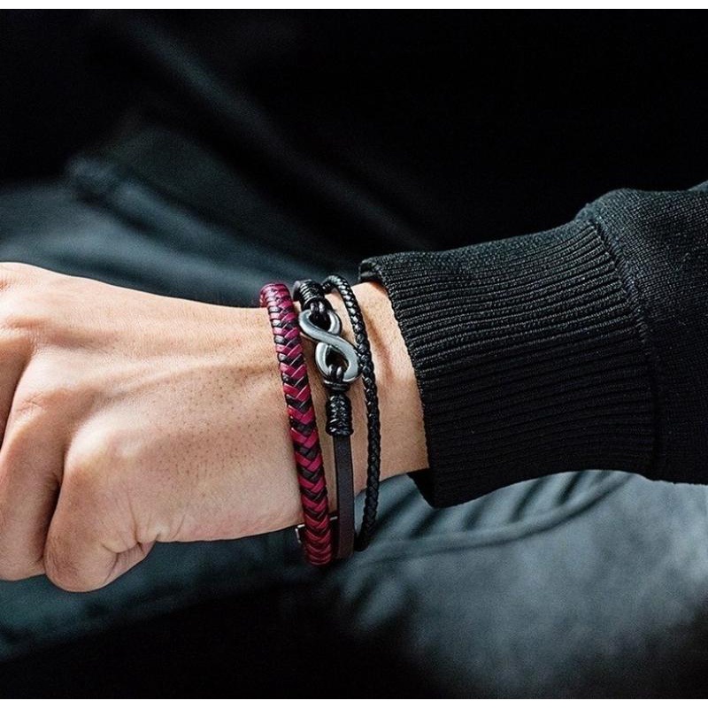 Vòng Tay Dây Da Bện Màu Đỏ Đen Phong Cách Punk Cổ Điển Cho Nam