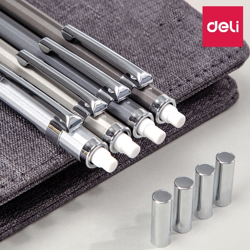 Bút Chì Kim Loại Deli Metal Case Student Pencil with Eraser Tip - Ngòi 0,5 / 0,7mm - không mài mòn và chống gỉ - bảo vệ đầu bút chì khi sử dụng