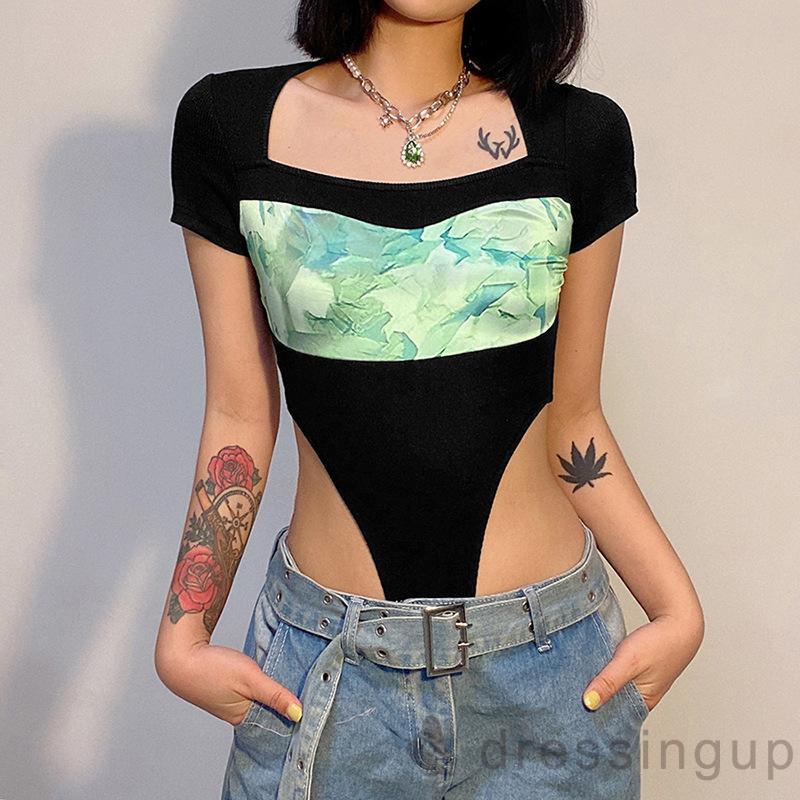 Áo Liền Quần Tay Ngắn Cổ Vuông Dáng Ôm Phối Màu Tương Phản Thời Trang Cho Nữ | BigBuy360 - bigbuy360.vn