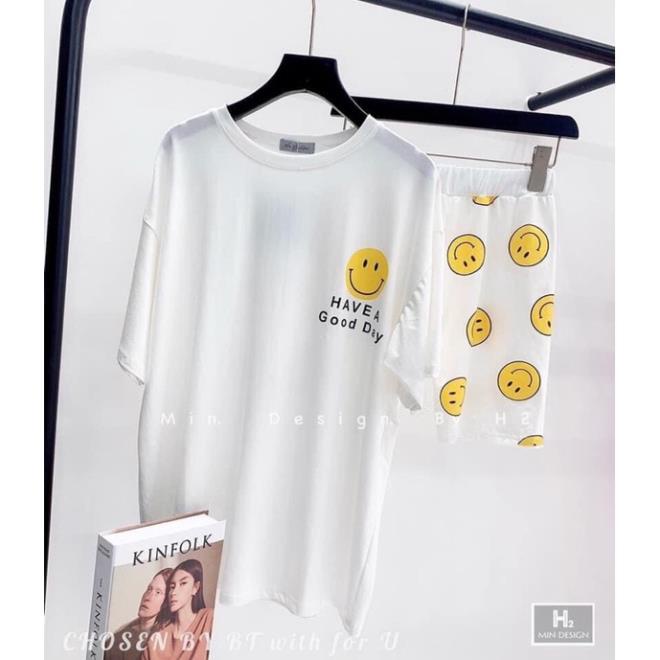 Bộ Áo Thun Quần Short Ống Rộng Mặt Cười🦋 Set Áo Tay Lỡ Vintage Kèm Quần Đùi In Hình ICon Hot Hit🦋 [XẢ KHO]