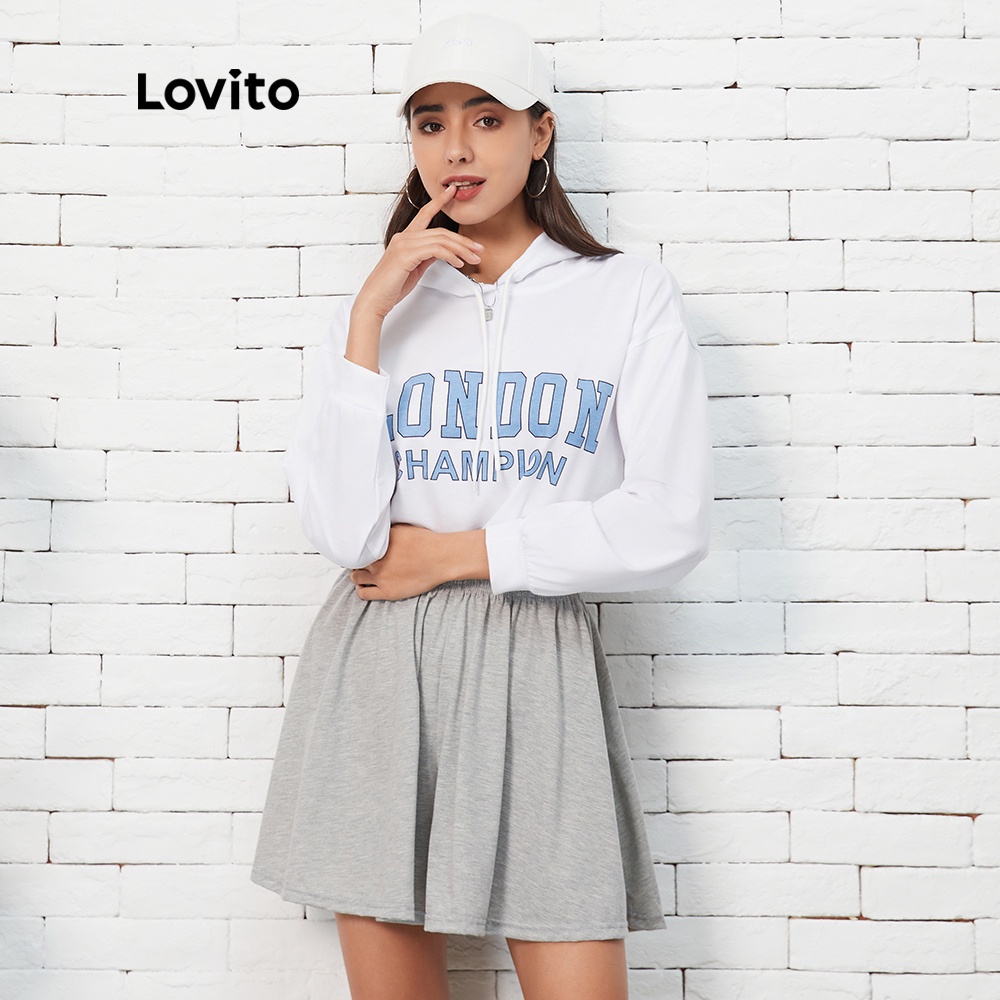 Áo sweatshirt croptop Lovito in họa tiết chữ phong cách thường ngày L07083 (Màu trắng) | BigBuy360 - bigbuy360.vn