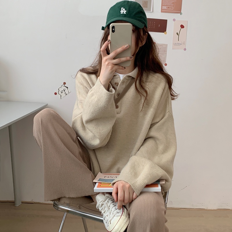 (HÀNG SẴN) Áo len nữ cổ bẻ POLO cài khuy form rộng dài style nữ sinh trung học cá tính (kèm ảnh thật)