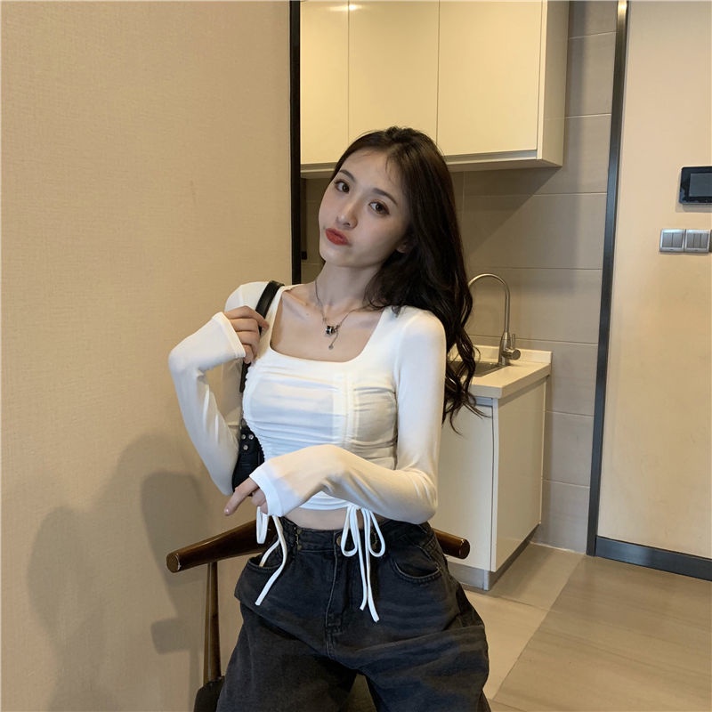 Áo thun COZOK dài tay cổ vuông thiết kế dây rút xếp ly xinh xắn