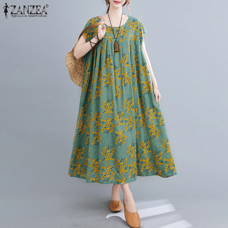 Đầm Maxi Nữ ZANZEA In Hoa Tay Ngắn Thời Trang Cổ Điển Thường Ngày