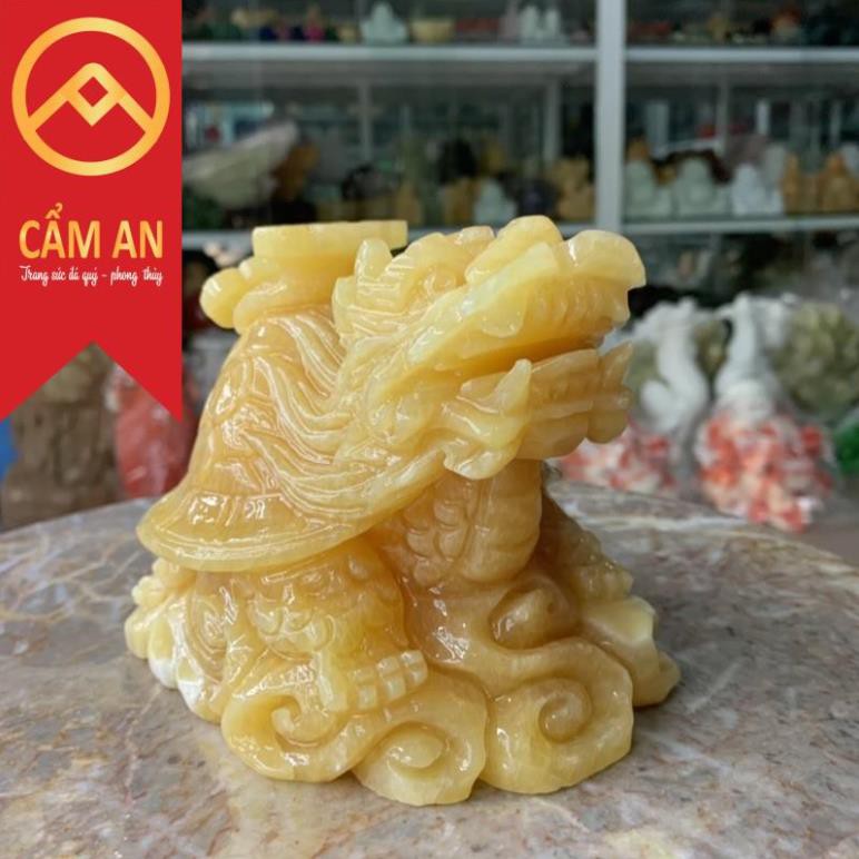 Tượng Long Quy  cõng gậy như ý phong thủy đá ngọc hoàng long Onyx Marble - Dài 15 cm